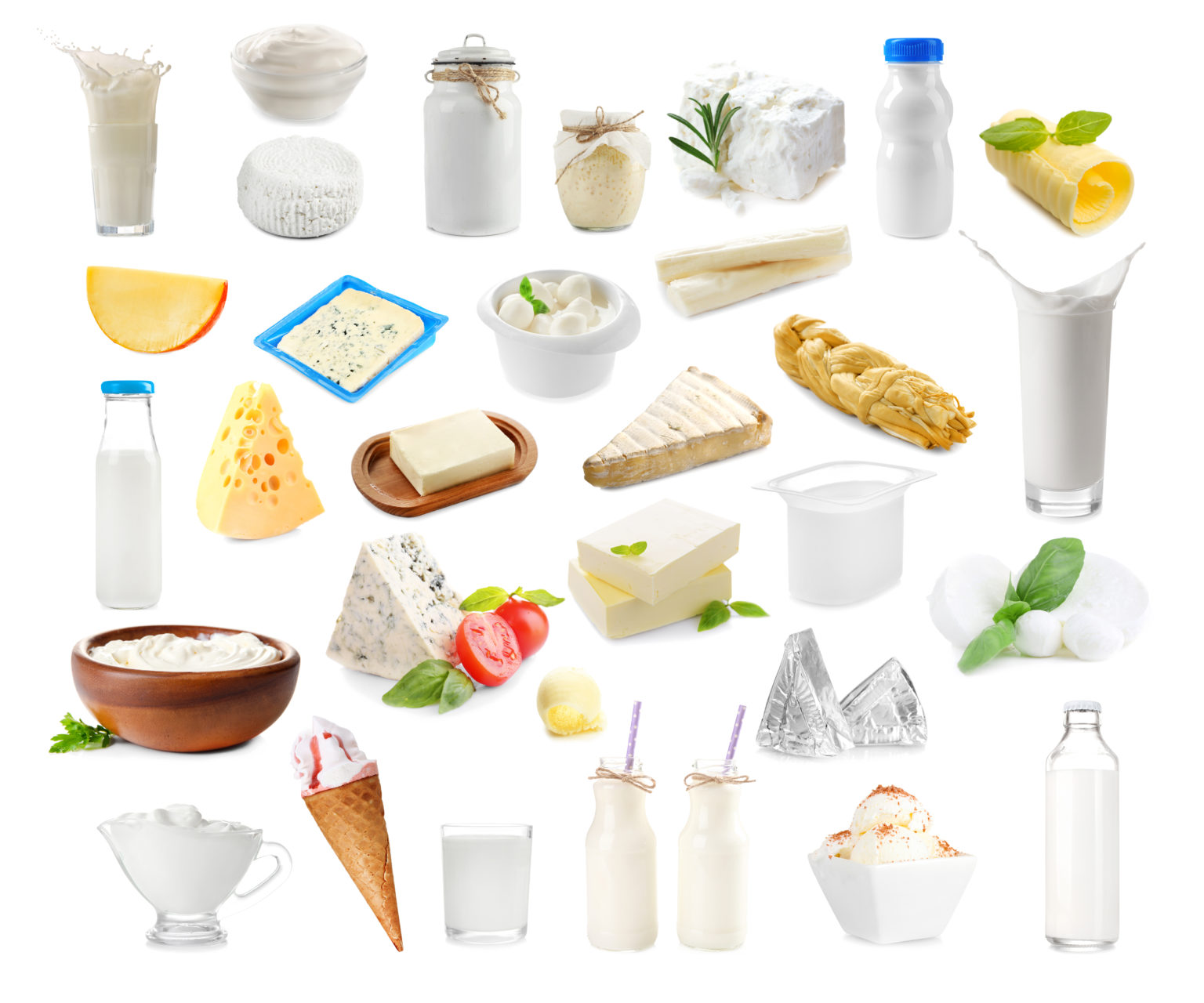 Молочные продукты коллаж на белом фоне